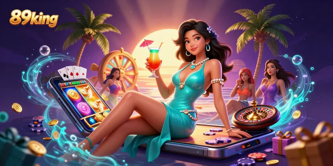 Experience the excitement of 89king as a stunning dealer introduces vibrant slot games amidst tropical glamour.