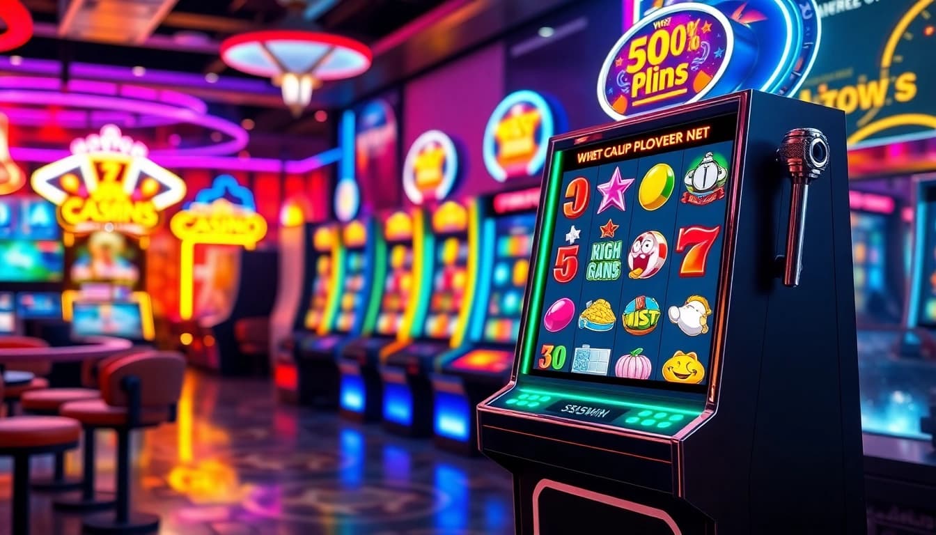 Experience the thrill of 555win with a futuristic slot machine glowing in a vibrant casino setting.