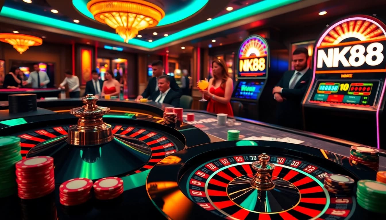 Players enjoying a thrilling casino atmosphere at NK88 with poker chips and roulette.