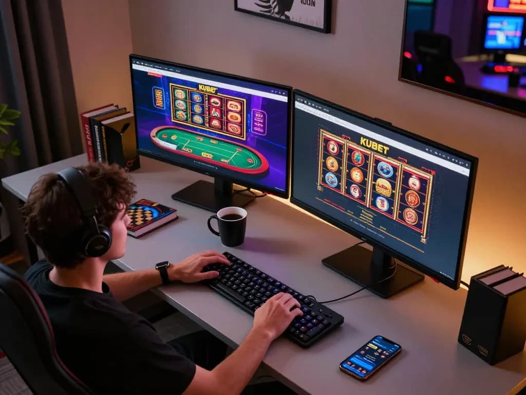 KUBET user playing online casino games on dual monitors in a cozy, modern gaming station