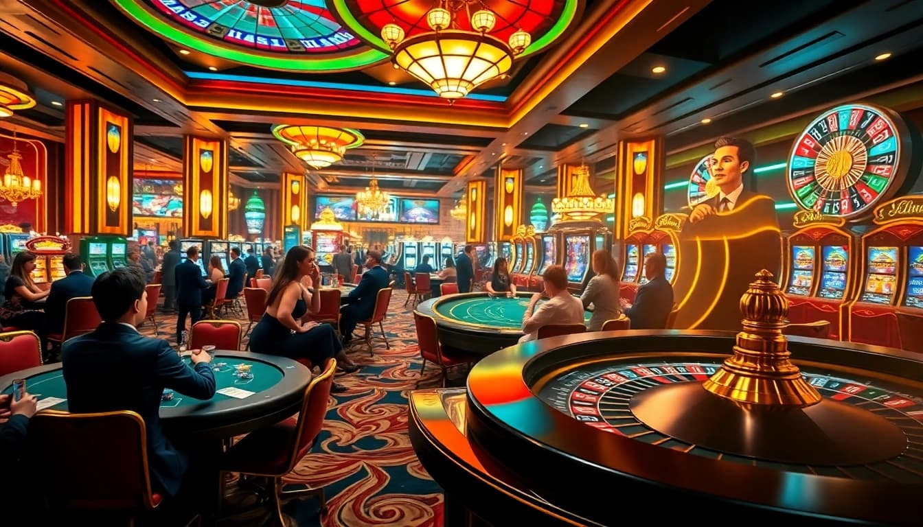 Experience thrill and strategy at https://98wincom.blog/ with a vibrant casino scene, players, and gaming tables.