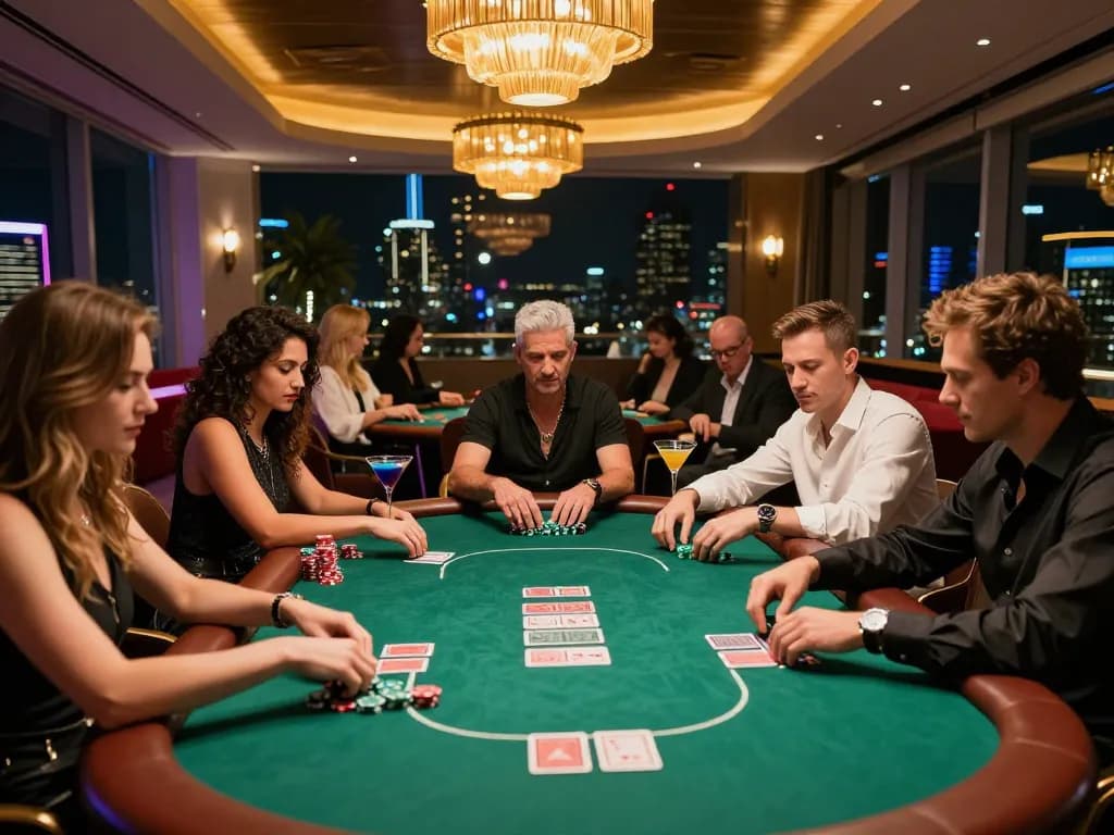 Players engaging in an intense poker game at a glamorous casino rooftop bar showcasing 28bet8 atmosphere.