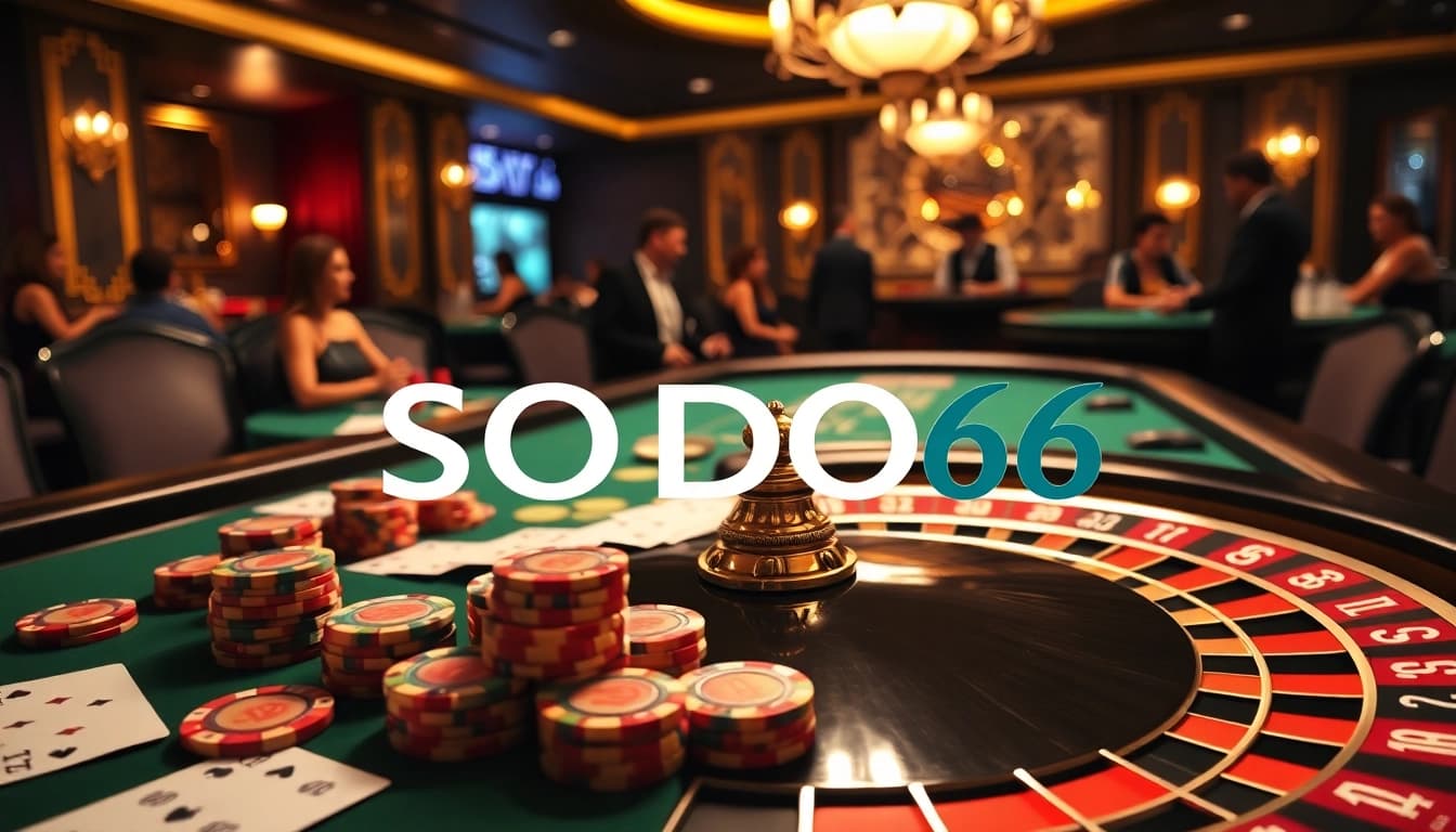 SODO66 logo displayed on a luxurious poker table with vibrant casino elements.