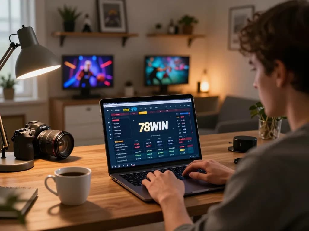 Engaging online gambling experience with 78WIN betting interface and warm home setup.