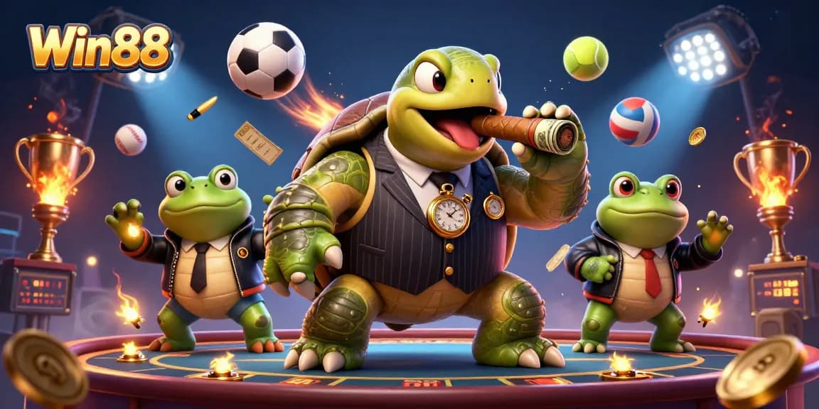 Win88 showcases a cartoon turtle mobster with betting slips and trophy in a lively casino scene.