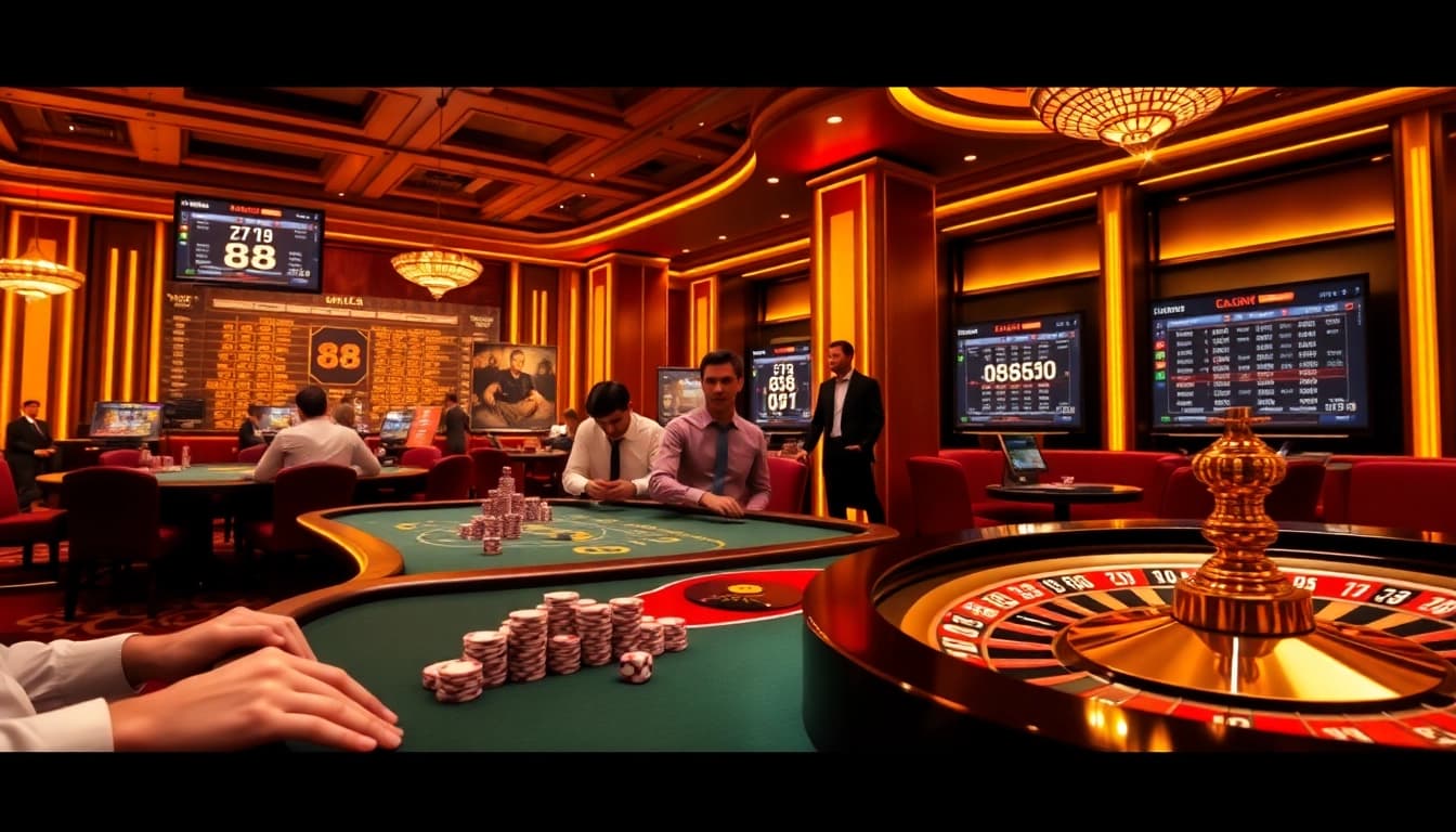 Experience the thrilling energy of 88vn with players at a dynamic poker table surrounded by vibrant casino elements.