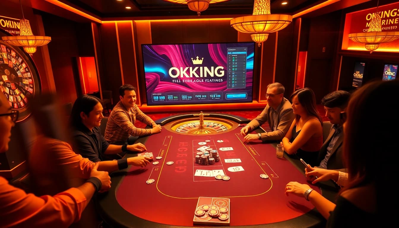 OKKING poker table scene with players, vibrant chips, luxurious atmosphere.