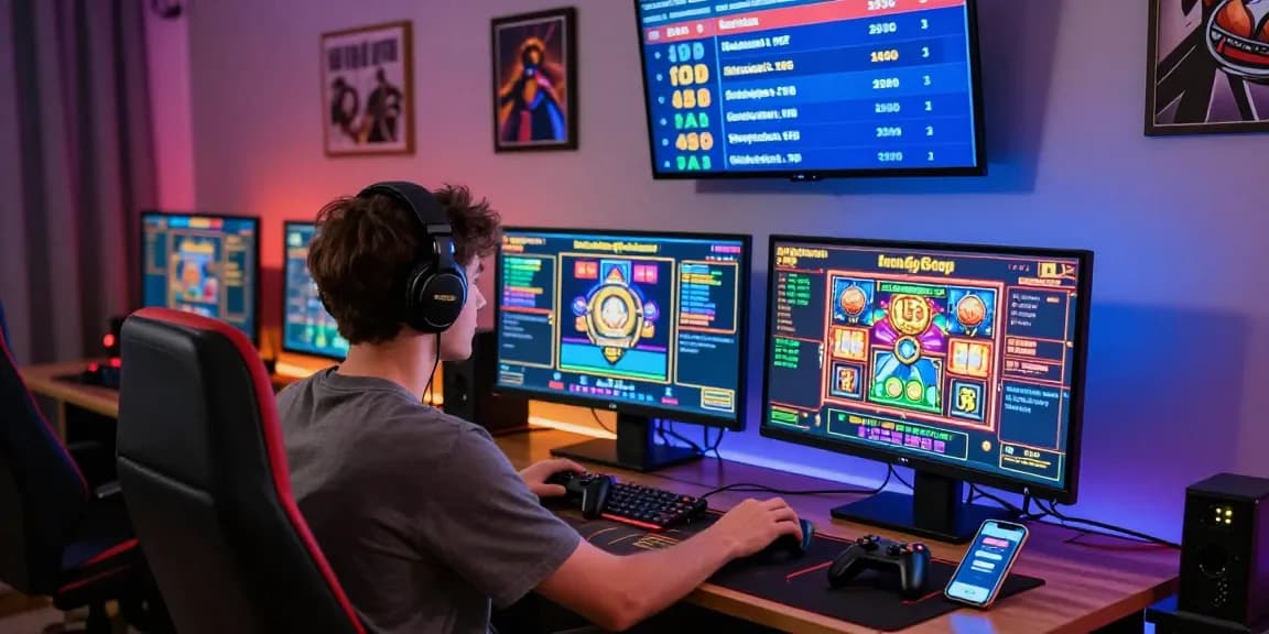 Player enjoying non GamStop casinos in vibrant home gaming setup with multiple monitors and lively atmosphere.