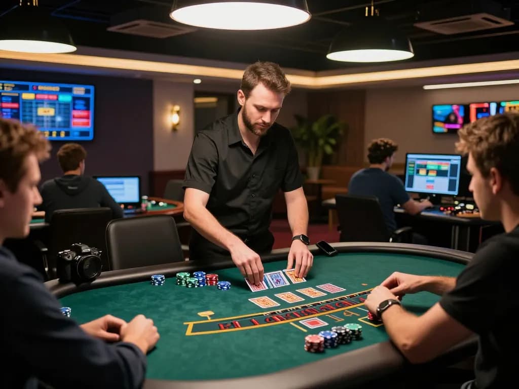 Engaged players strategizing in an Ax88 online blackjack game with a professional dealer.