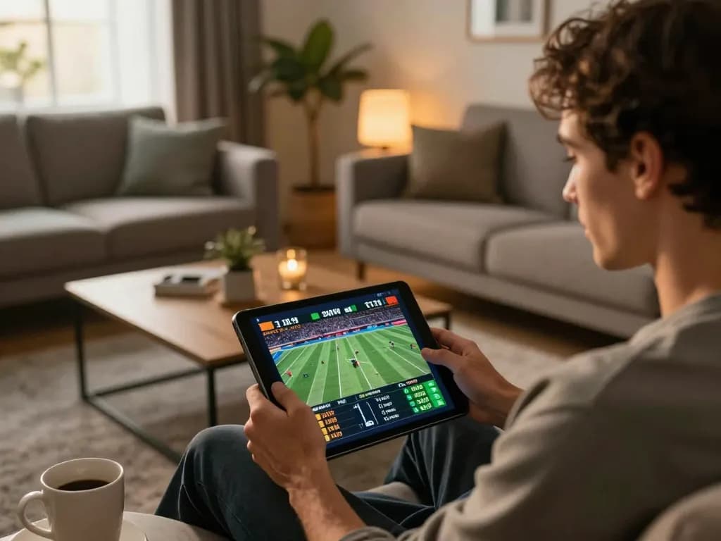 Dabet online sports betting with a focused player analyzing odds during gameplay in a cozy home setting.