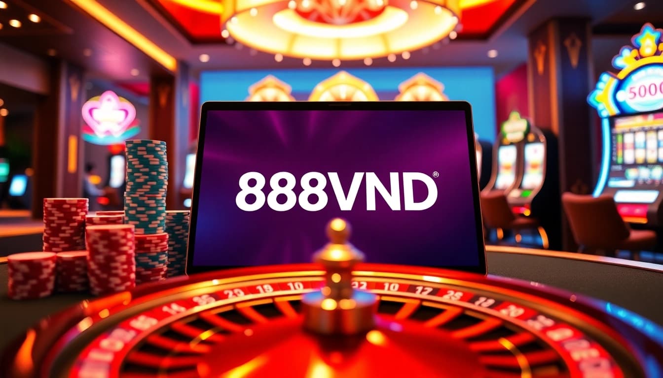Players enjoying premium online gambling at 888VND, featuring vibrant slot machines and poker chips.