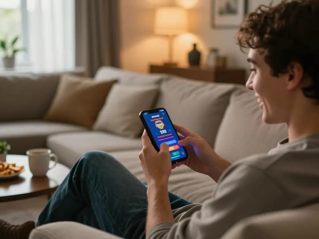 Player engaging with ALO8 mobile casino app on smartphone, showcasing a dynamic gaming moment and cozy home setting