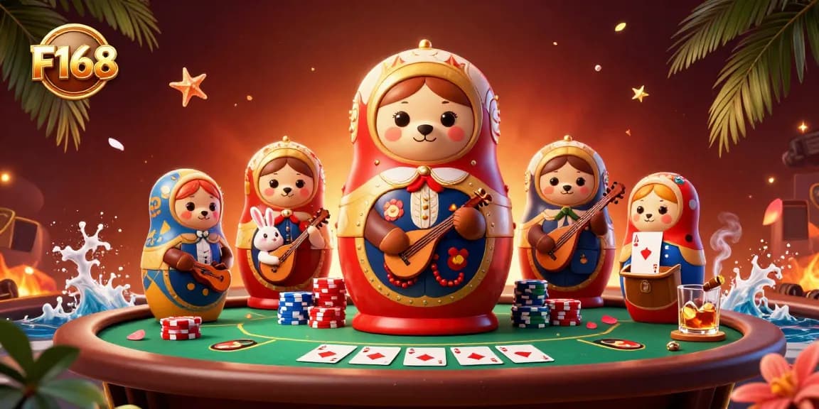 Experience the thrill of F168 with a vibrant casino scene featuring playful bears and game elements.