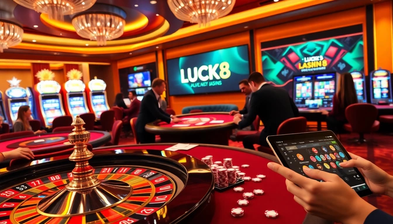 Experience exciting gaming action at LUCK8 with vibrant casino tables and slot machines.