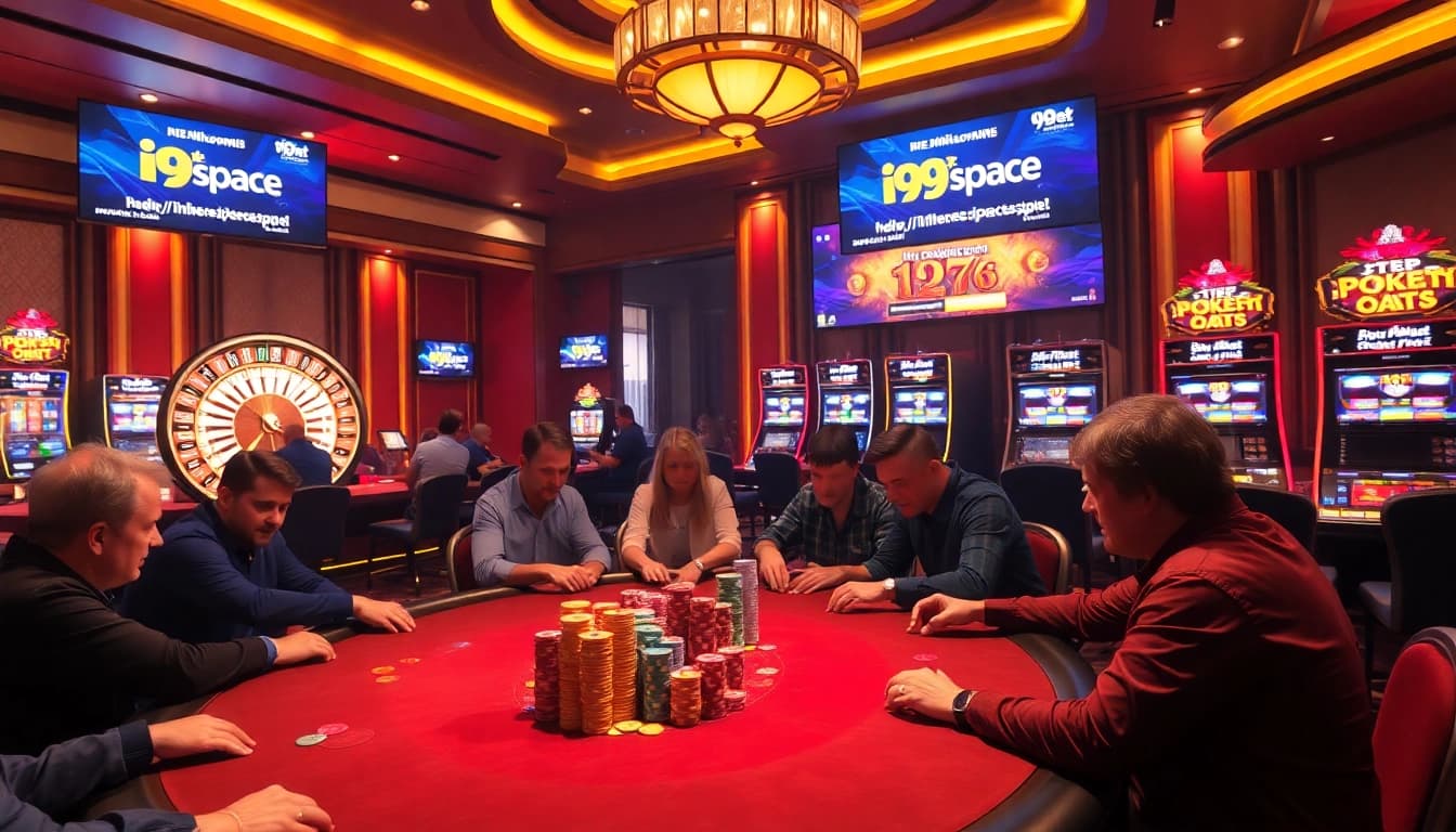 Playing high-stakes poker at i9bet.space with vibrant chips and exciting roulette, embodying casino thrill.
