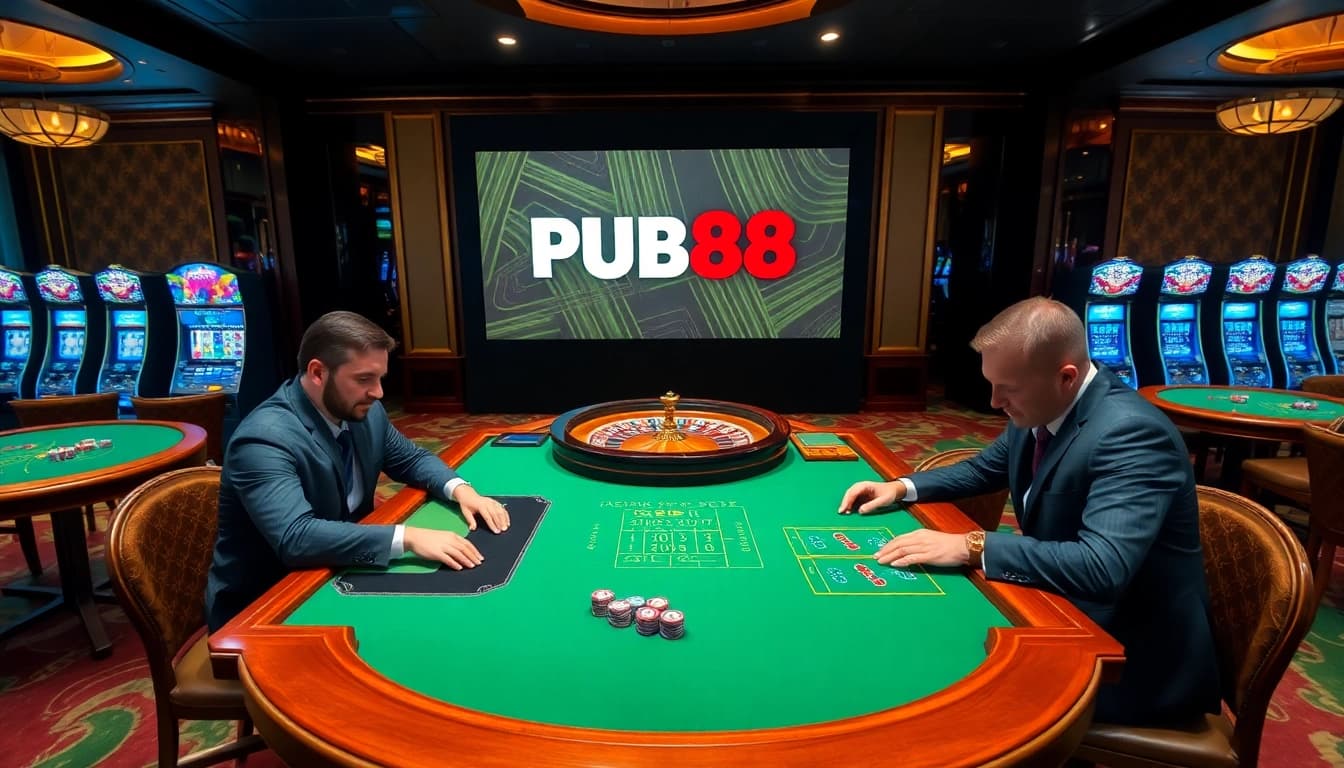 Engaged players enjoying a PUB88 roulette game in a luxurious casino setting with vibrant decor.