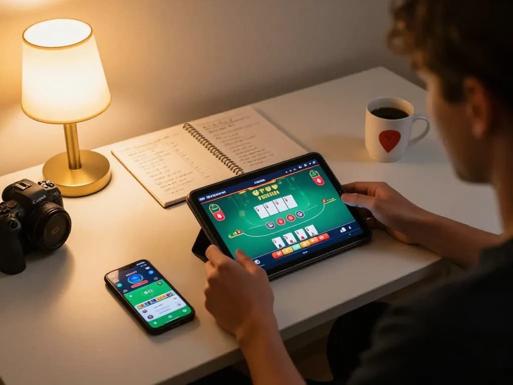 Tg88 player strategizing in online poker game on tablet, showcasing engaging gameplay experience.