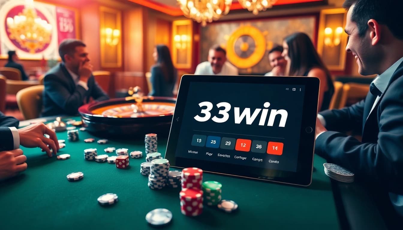 Engaging scene at a casino with players enjoying games while showcasing 33win branding.