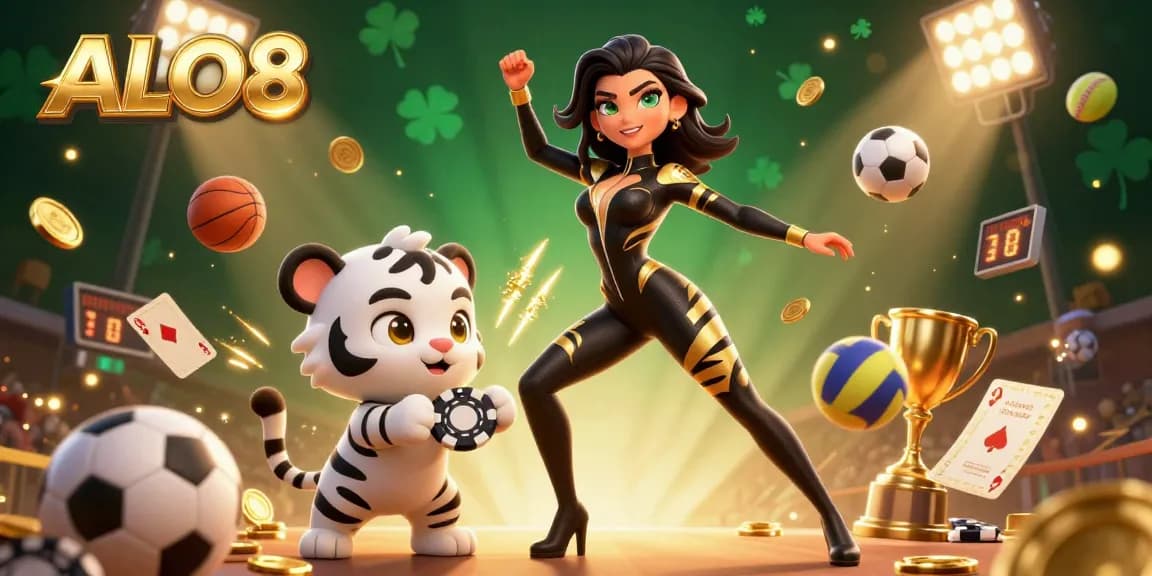 Engage with ALO8's thrilling gaming world, where a mystical woman and tiger playing poker meet dynamic sports action.