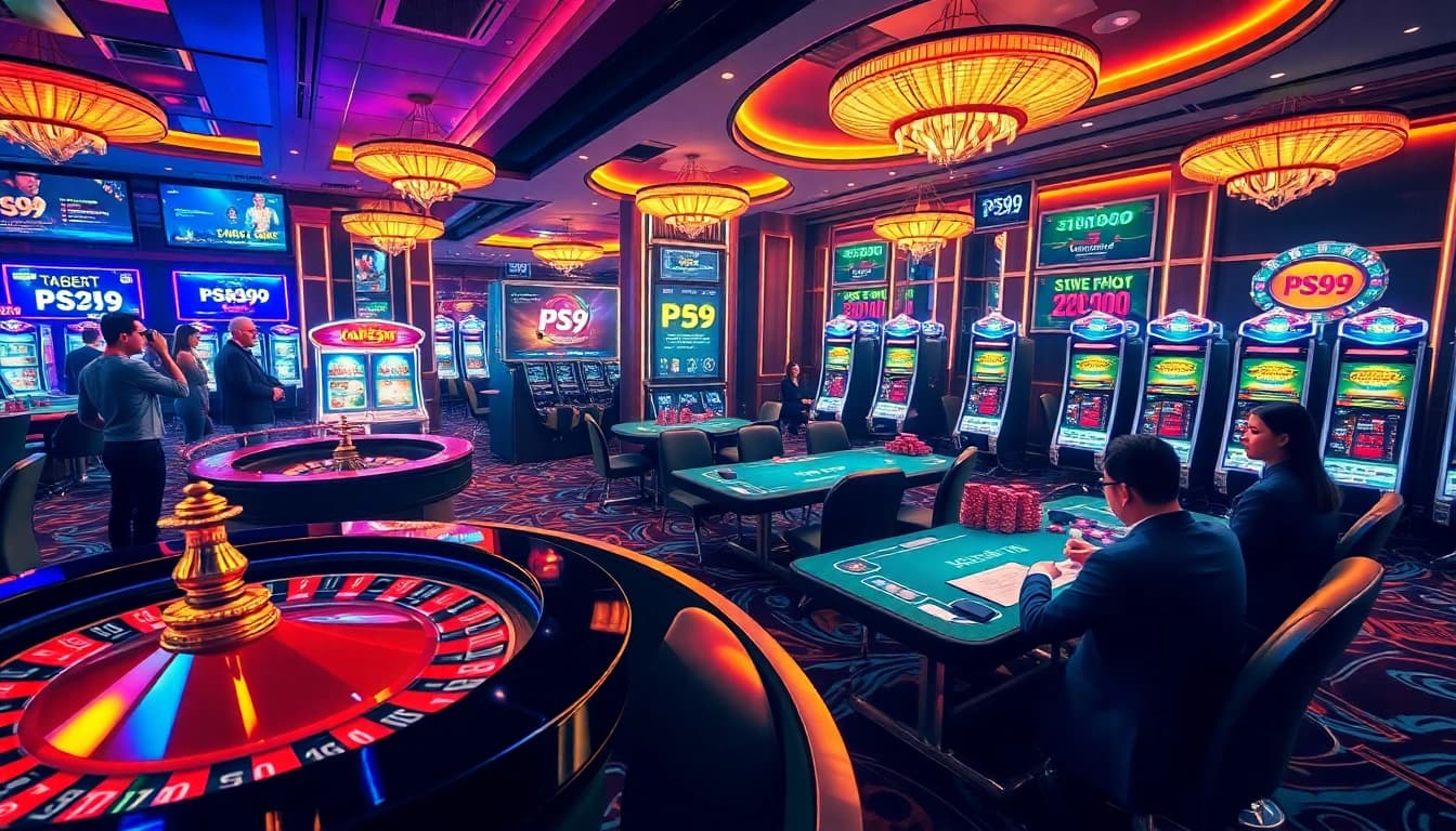 Exciting gaming atmosphere at nhà cái PS99 with vibrant casino visuals and players engaged in betting.