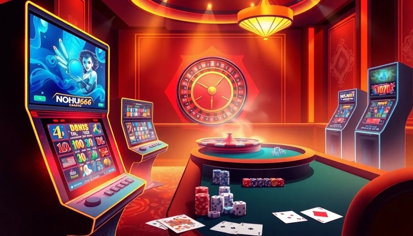Experience NOHU666's vibrant online gambling with illuminated slot machines and a roulette wheel.