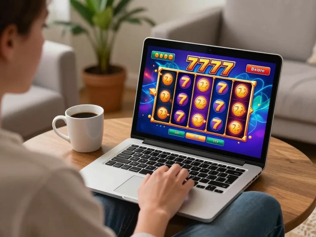 Playing slot777 games on a laptop in a cozy home setup with vibrant graphics.