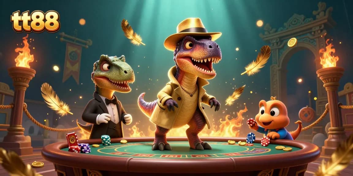 Join the thrilling experience of tt88 blackjack with a velociraptor card counter and friends in a vibrant casino setting.