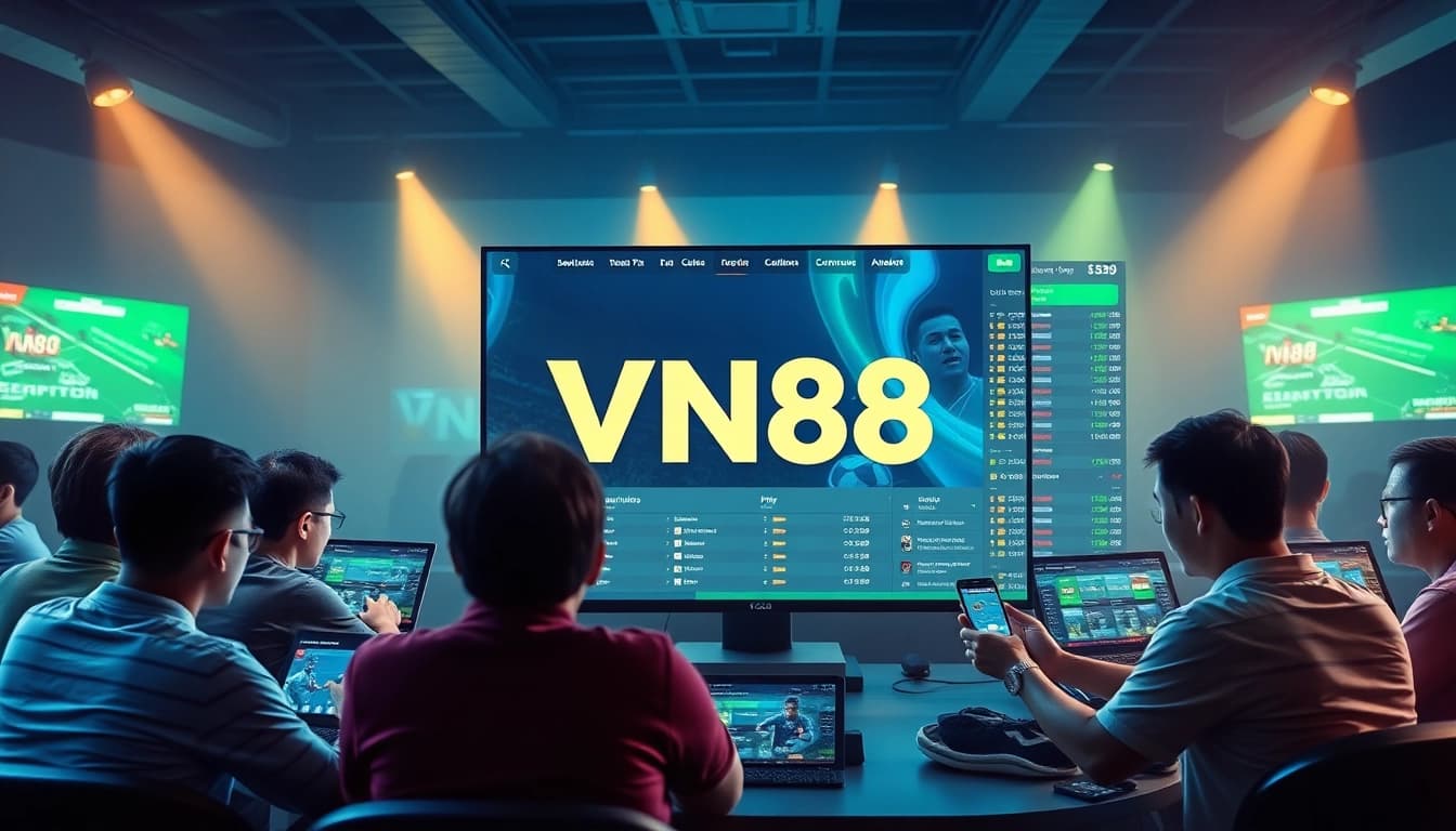 Engaging online betting platform with VN88 logo showcasing diverse players immersed in sports betting.