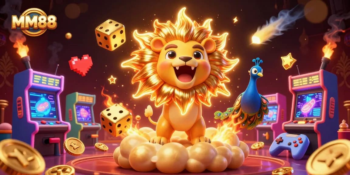 Engage with MM88’s vibrant casino world, showcasing a roaring sun lion and golden dice.