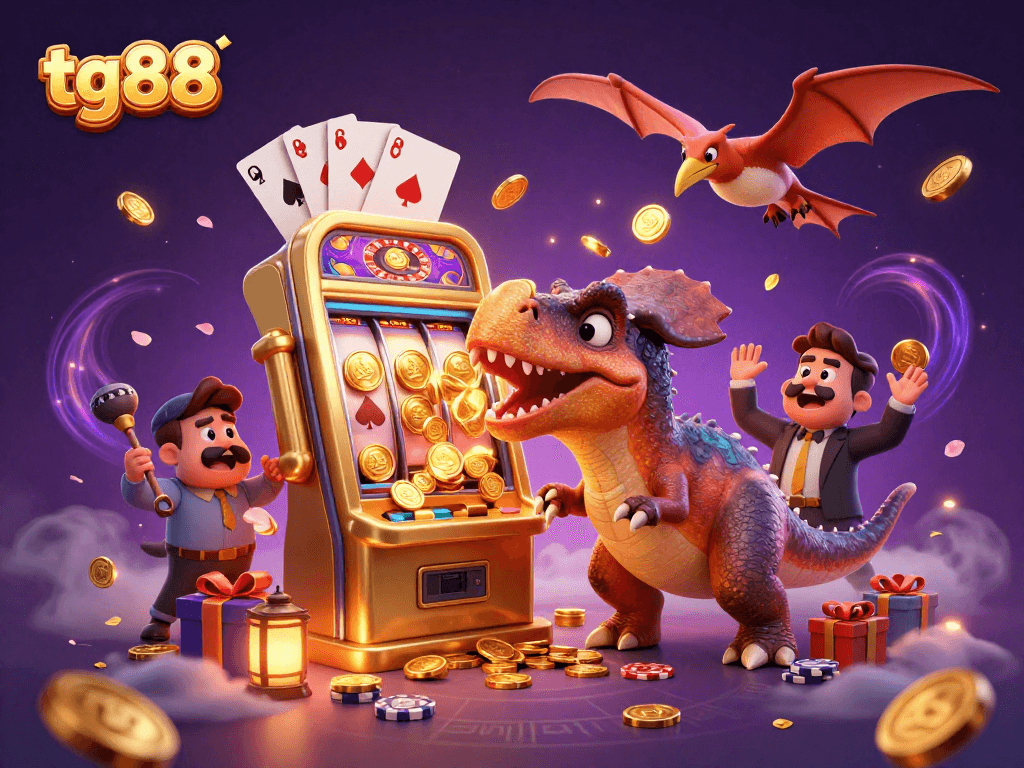 tg88 triumphs as a pachycephalosaurus activates a golden slot machine, sending coins flying in joy