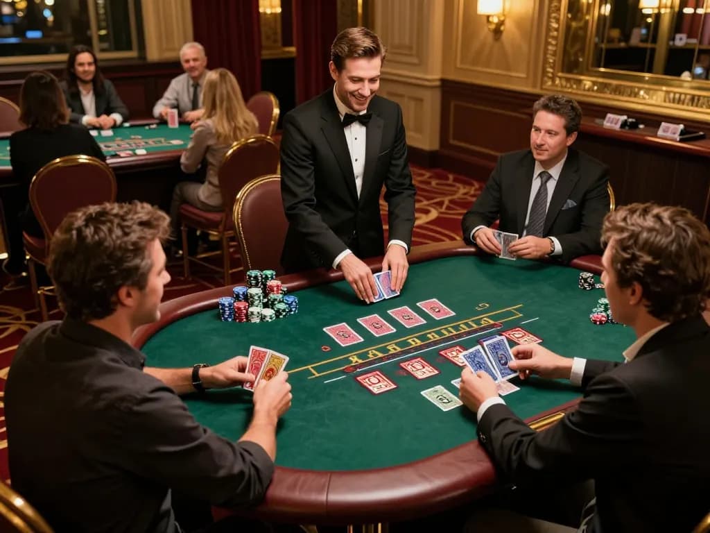 Fly88 players strategizing in a high-stakes blackjack game at a luxurious casino.
