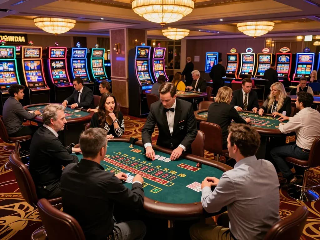 Players strategizing their next move at blackjack and roulette tables in a vibrant, upscale casino with engaging atmosphere.