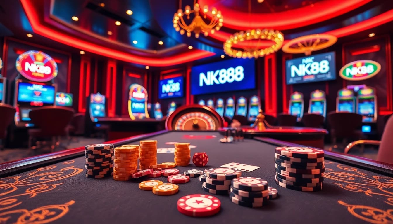 Experience the excitement of nk88 with poker chips and roulette in a luxurious casino environment.