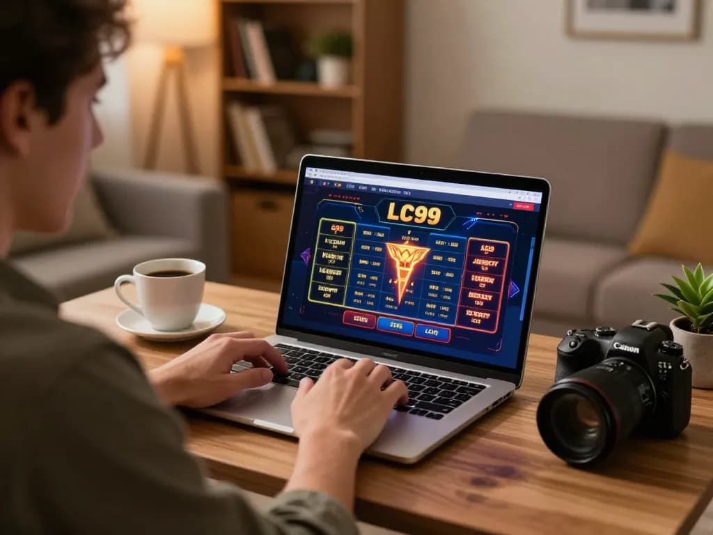 Player enjoying an online casino game at LC99 from a cozy home setting, showcasing gaming strategy and comfort.