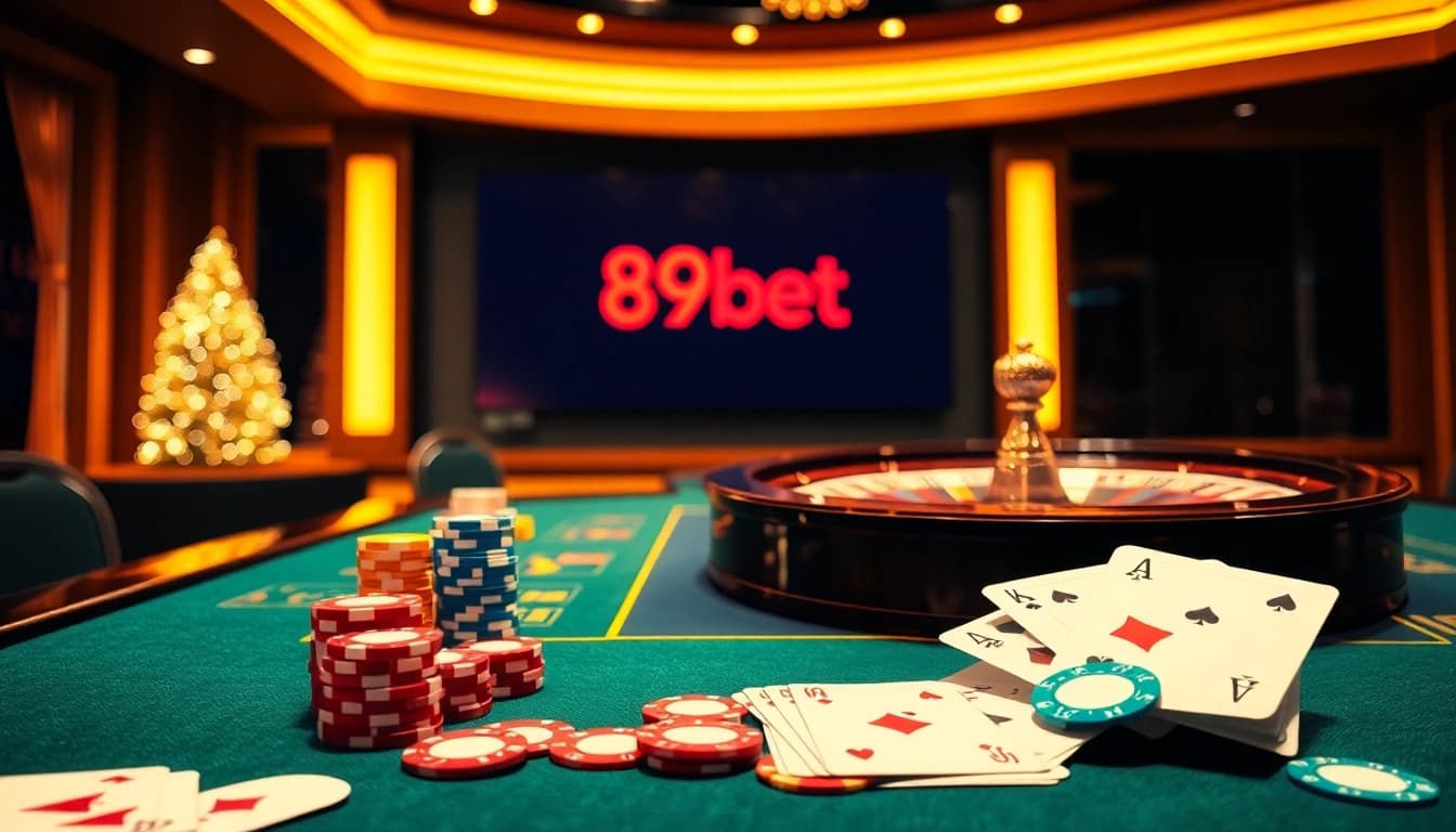 Experience the thrill of betting at 89bet's luxurious casino with a vibrant poker table and roulette wheel.