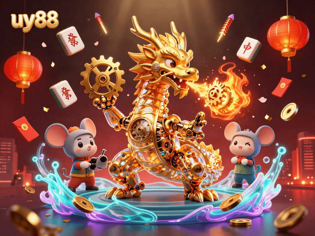 Engage with the uy88 gaming experience featuring a golden dragon breathing gears and vibrant casino elements.