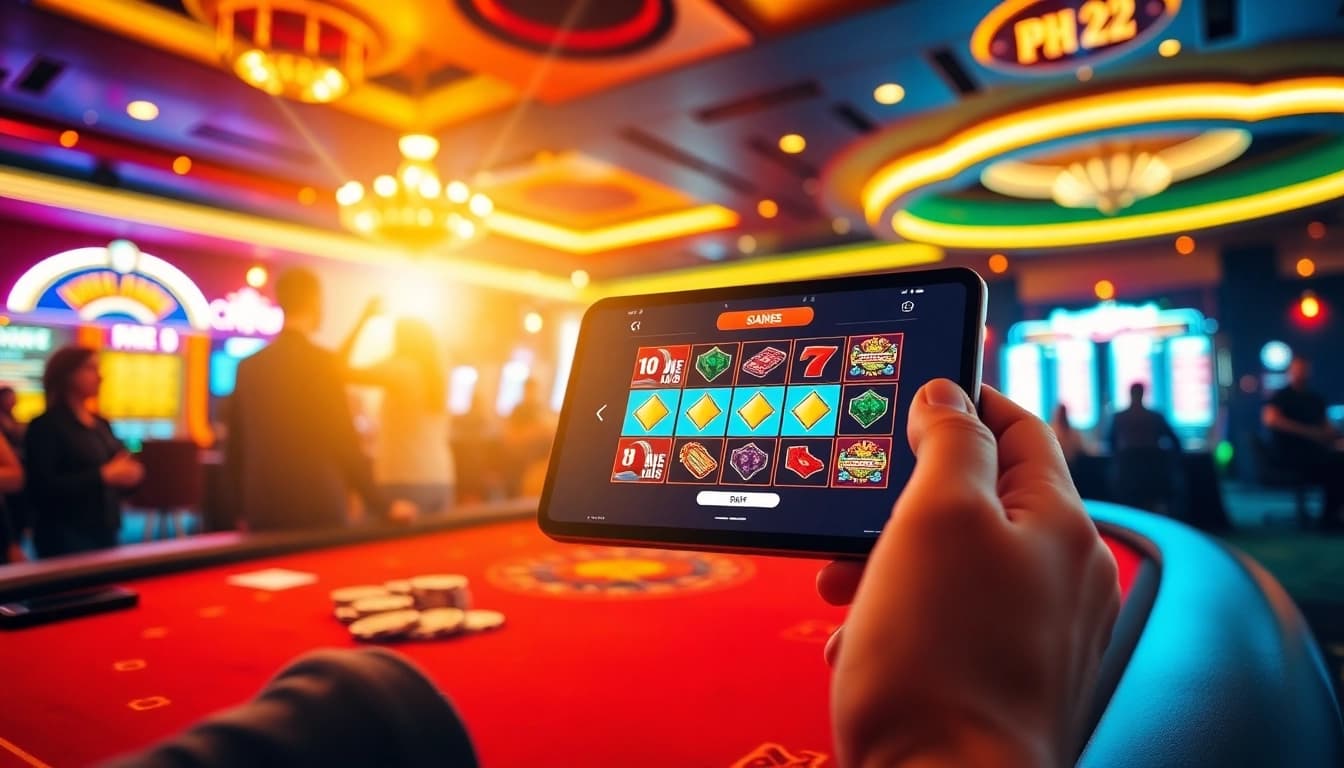PH22 online casino interface with vibrant slot machines and poker table showcasing exciting gameplay.