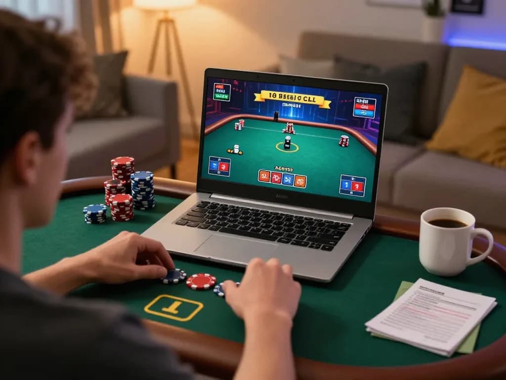 Player strategizing bets on 23win poker game interface at home with cozy atmosphere