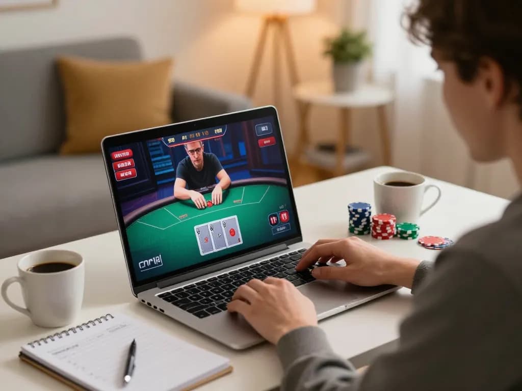 Sbotop player strategizing in an online poker game at home.