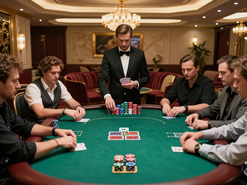 Players strategizing in a luxurious VIP poker room at 258bet, highlighting high-stakes gameplay and elegant atmosphere.