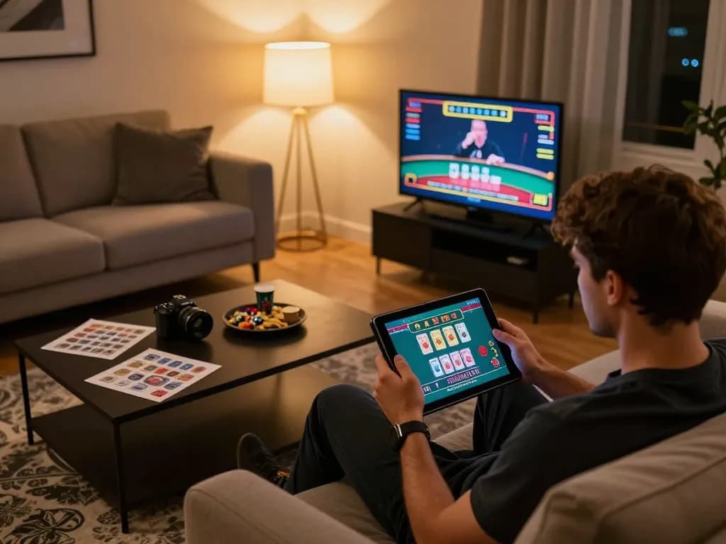 Luck8 player engaging in thrilling live casino gameplay on a tablet in a cozy home setting