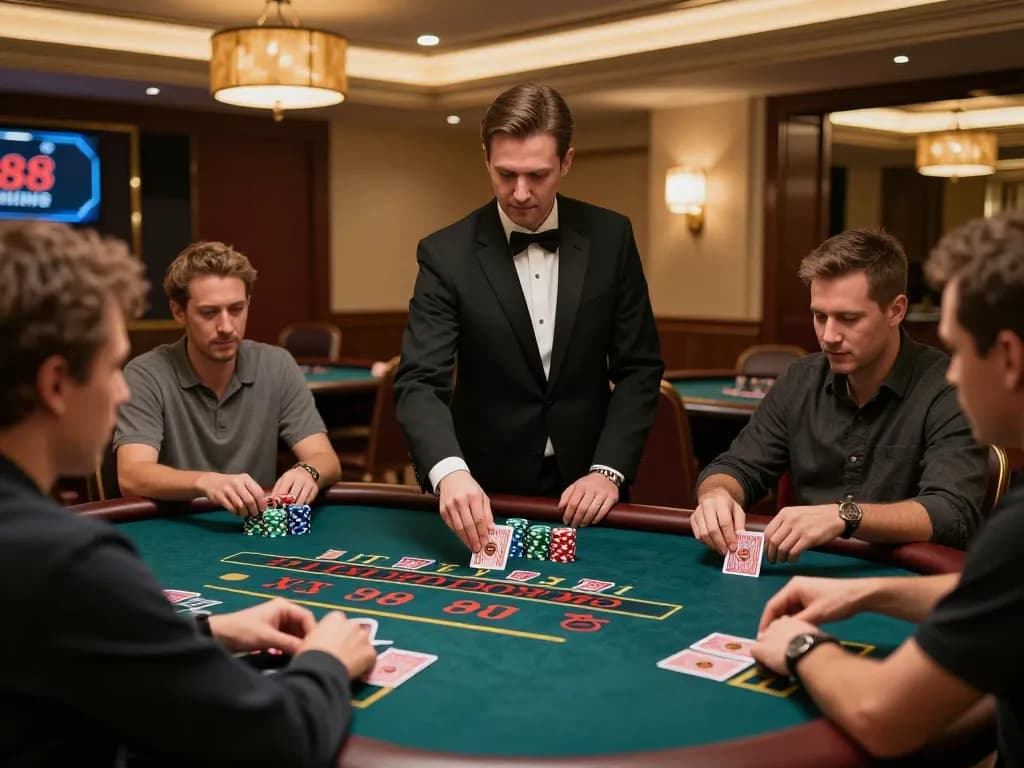 Engaged players at XX88 blackjack table with dealer presenting cards during a thrilling casino session.