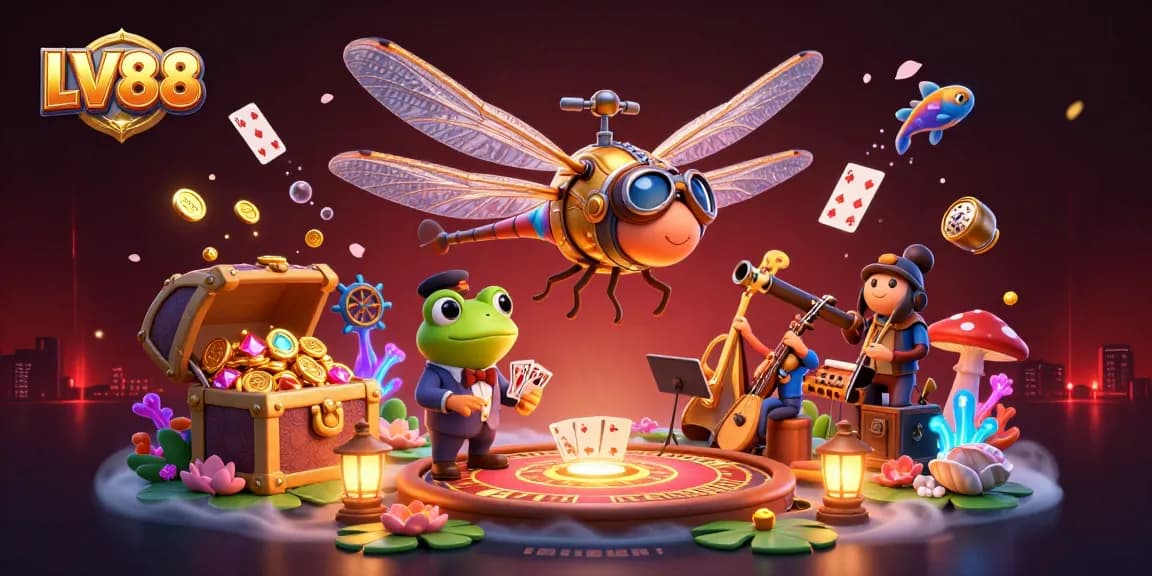 Experience thrilling gameplay with LV88 at a vibrant casino scene featuring a frog dealer and lively musicians.