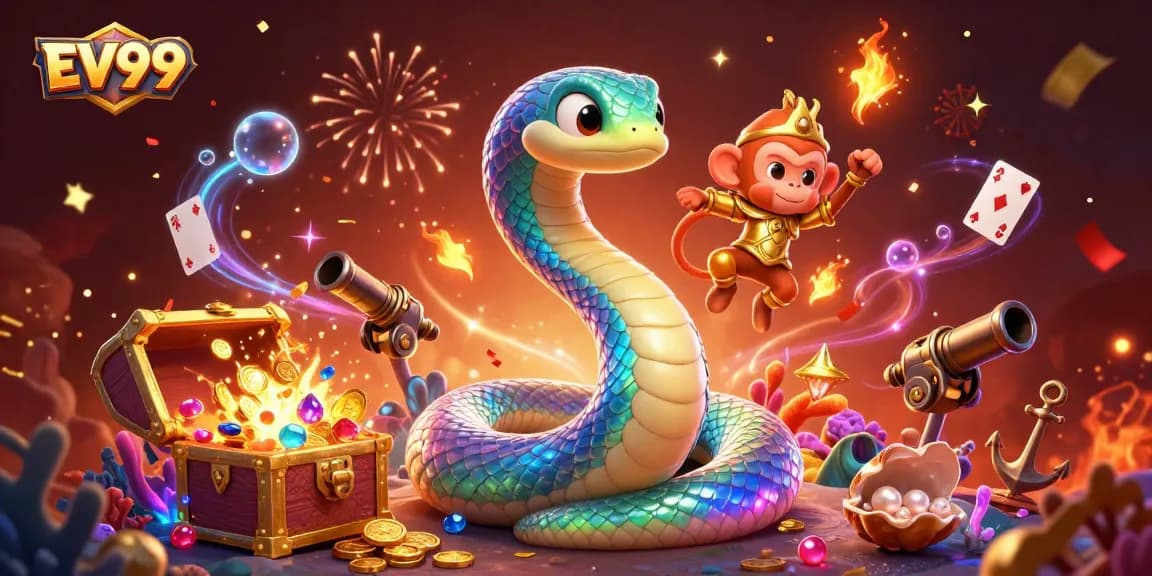 Experience thrilling gameplay with EV99's magical 3D casino illustration featuring explosive treasures.