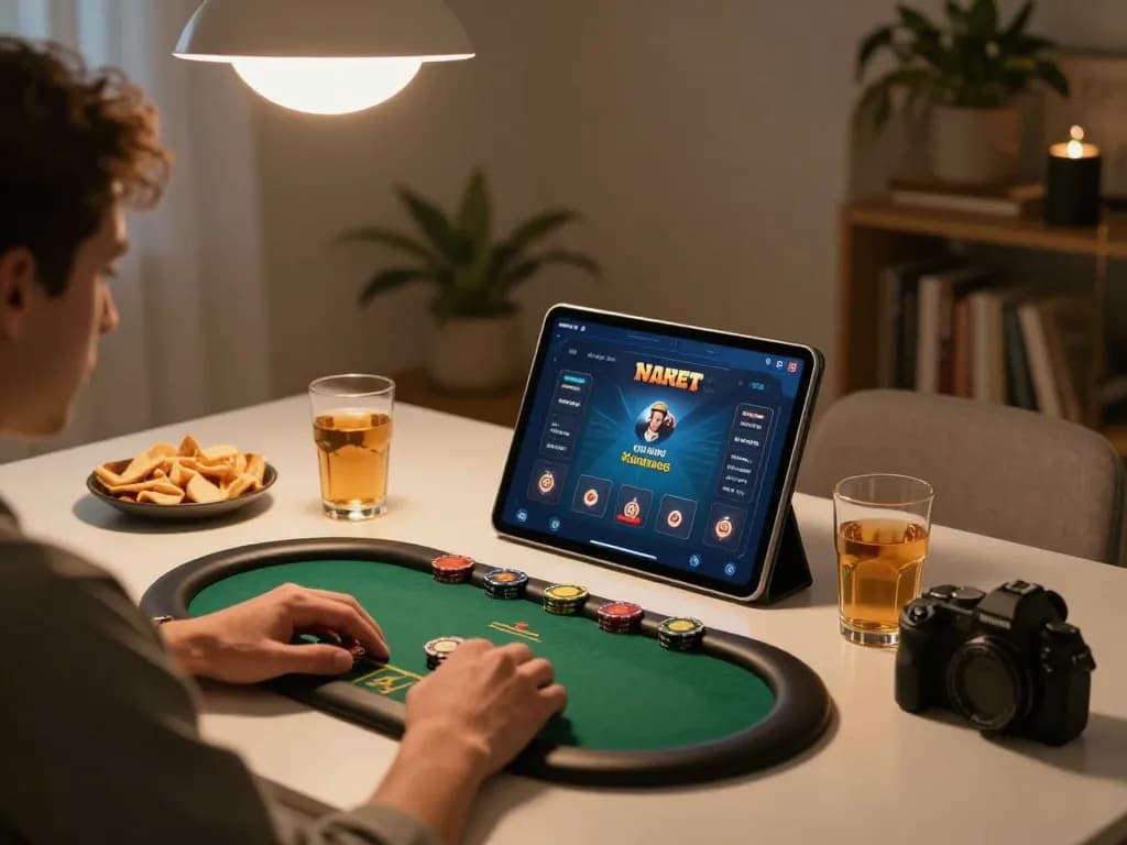 Engage in online poker action with EE88 on a stylish home setup, showcasing the gaming interface.