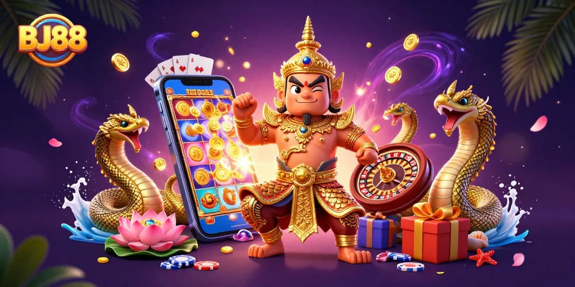 Experience thrilling action with BJ88 in a captivating casino illustration featuring vibrant game elements.