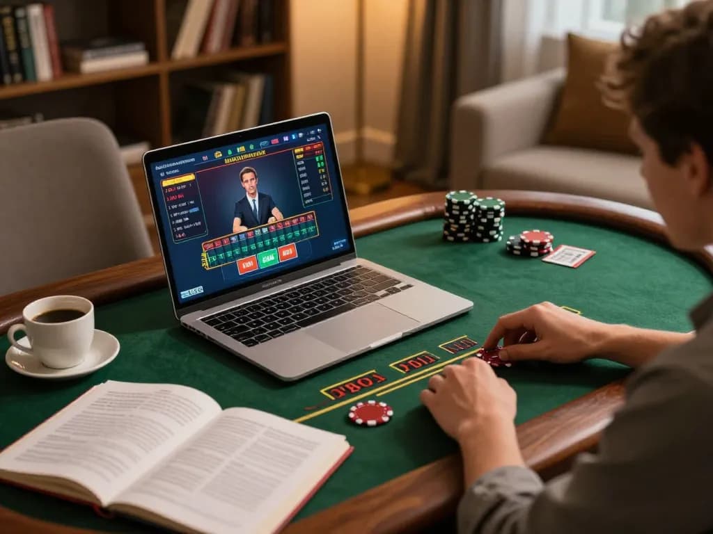 UU88 gaming with live dealer blackjack on a laptop, showcasing strategy notes and a cozy atmosphere.