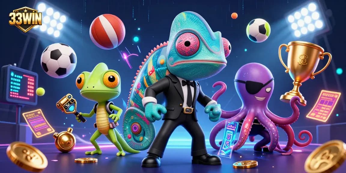 Engage with thrilling gameplay at 33WIN with vibrant casino characters and dynamic sports elements.