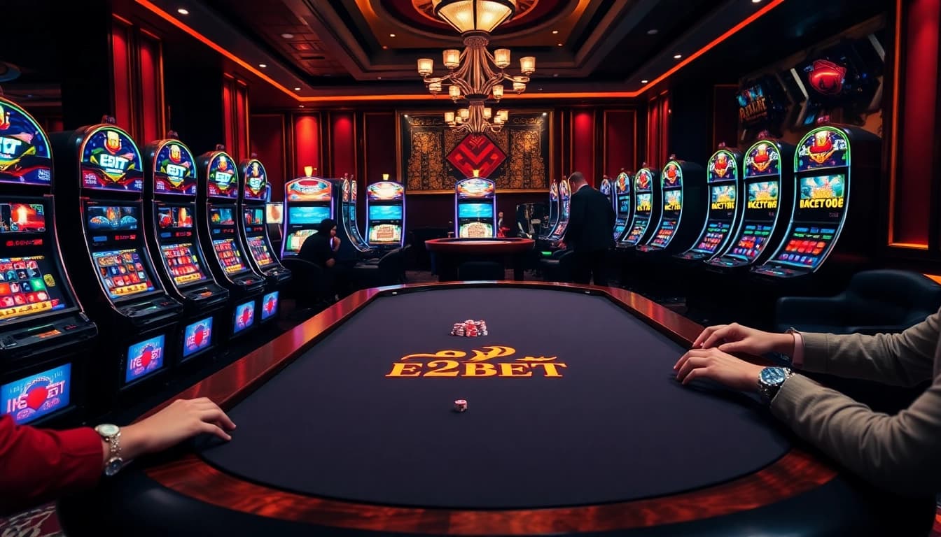 E2BET gaming table bustling with excitement, featuring vibrant slot machines and poker chips in play.