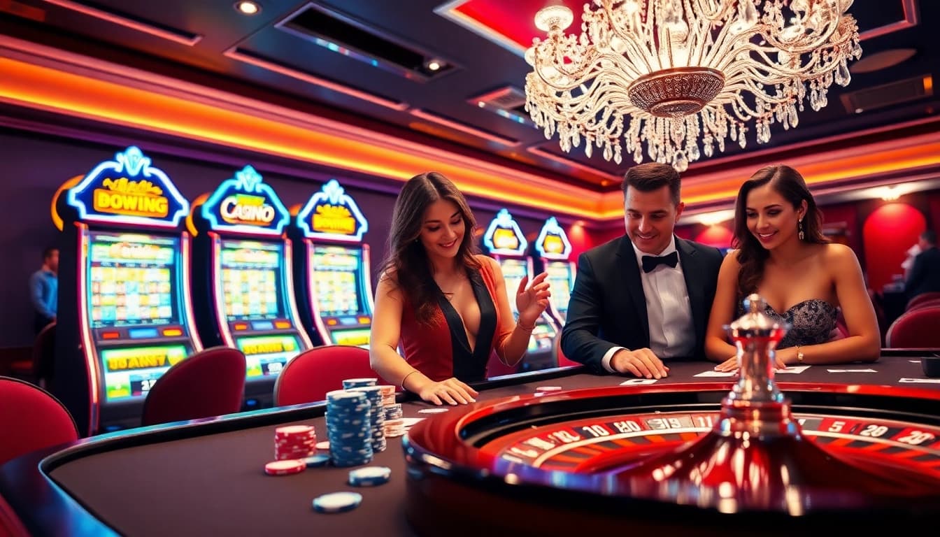 Excited players engaged in a thrilling game at 58win casino gaming table with poker chips and roulette.